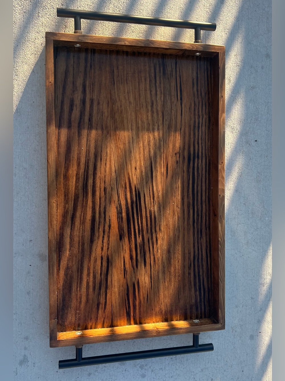 Hand Crafted brown wooden vanity tray with black metal handles